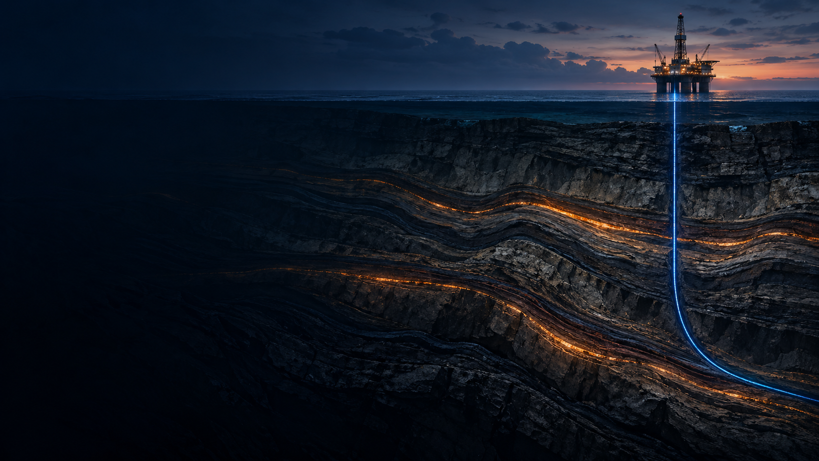 Conceptual cutaway: a well connects the drilling system to layered formations.
